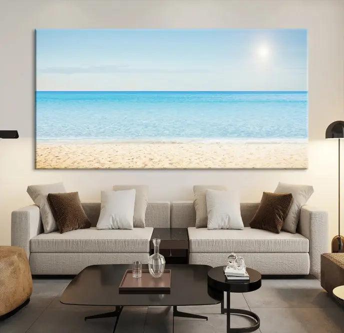 The Blue Beach and Sea Wall Art Canvas Print, arranged in a three-panel beach scene, elegantly decorates a black wall. Transform your space into a coastal oasis with this stunning piece, and enjoy free shipping on your purchase.