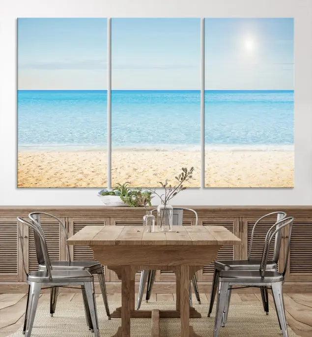 The Blue Beach and Sea Wall Art Canvas Print, arranged in a three-panel beach scene, elegantly decorates a black wall. Transform your space into a coastal oasis with this stunning piece, and enjoy free shipping on your purchase.