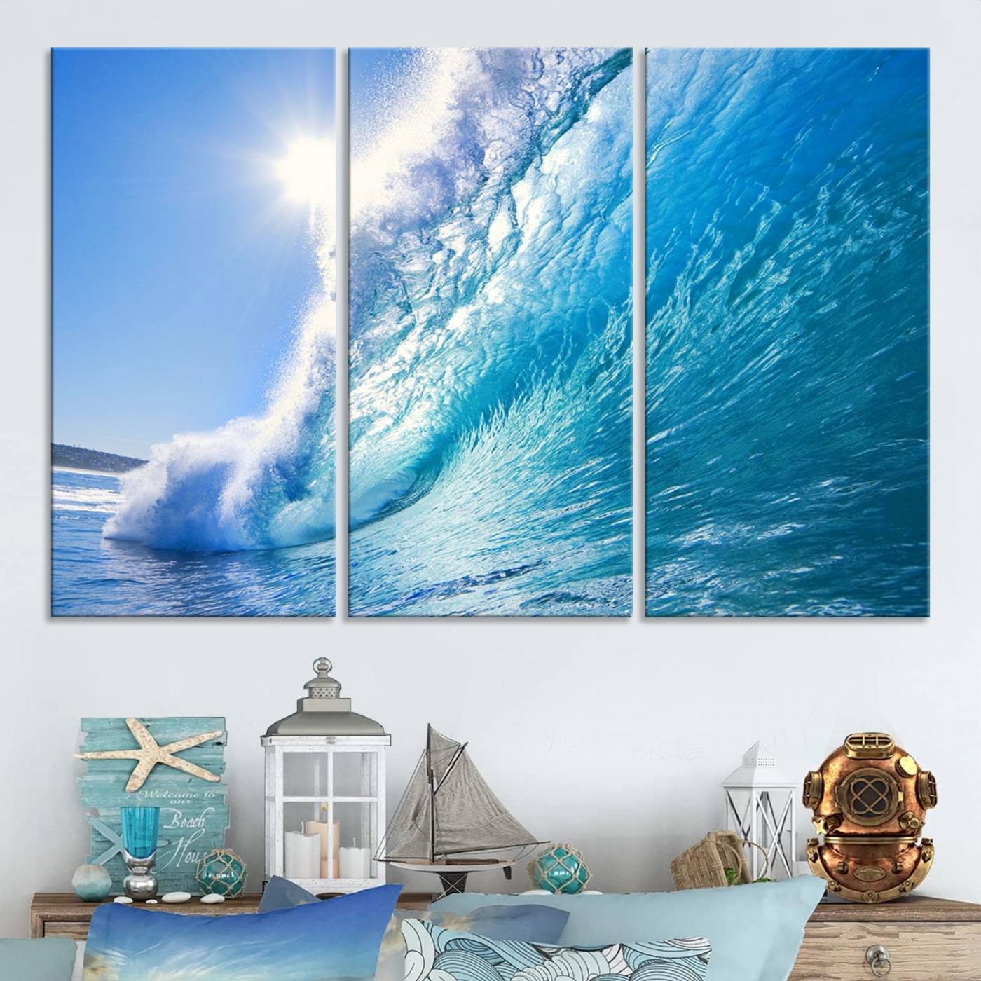 37494-MGV-CV-48X32-3P-Blue Big Wave Surfing Ocean Canvas Wall Art Artwork Print