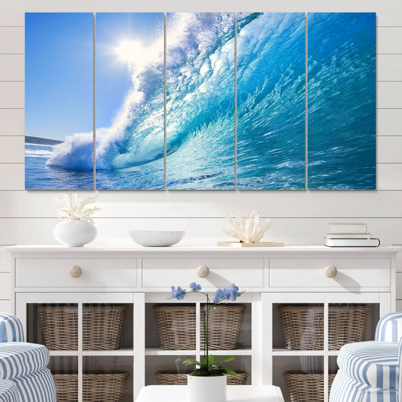37494-MGV-CV-60X31-5P-Blue Big Wave Surfing Ocean Canvas Wall Art Artwork Print