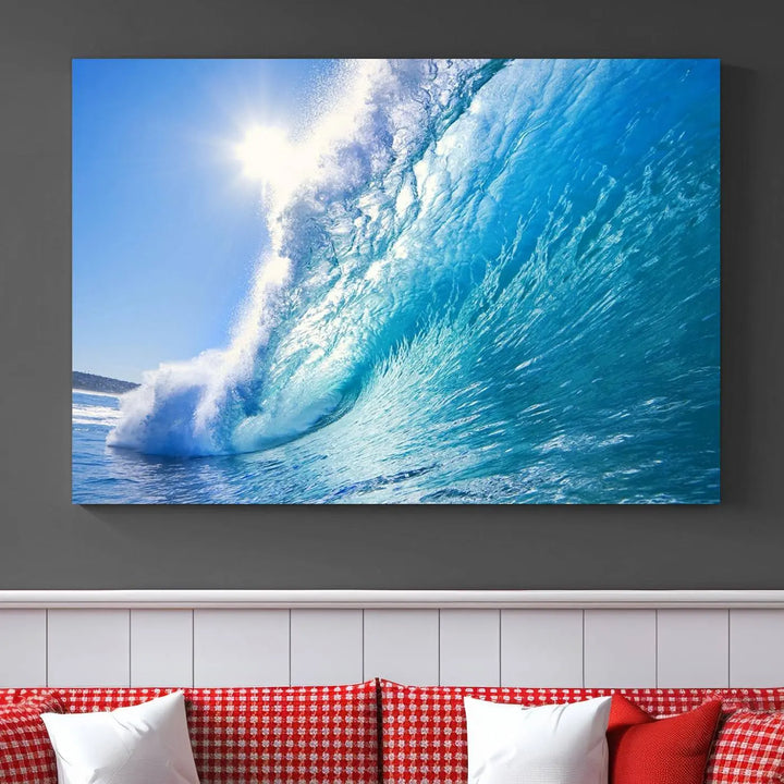 The Blue Big Wave Surfing Ocean Canvas Wall Art establishes a coastal ambiance in this modern living room.