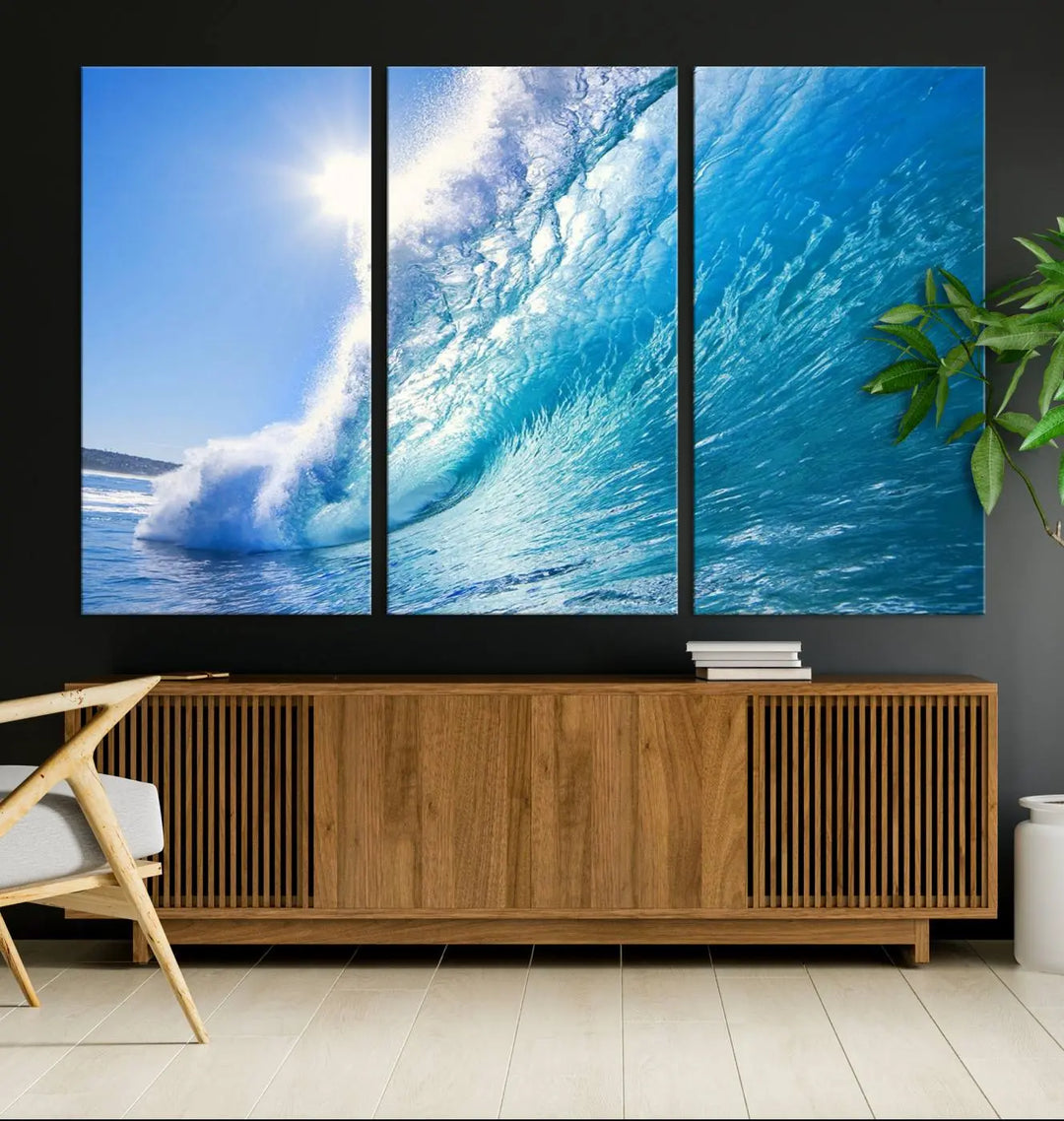 The Blue Big Wave Surfing Ocean Canvas Wall Art establishes a coastal ambiance in this modern living room.