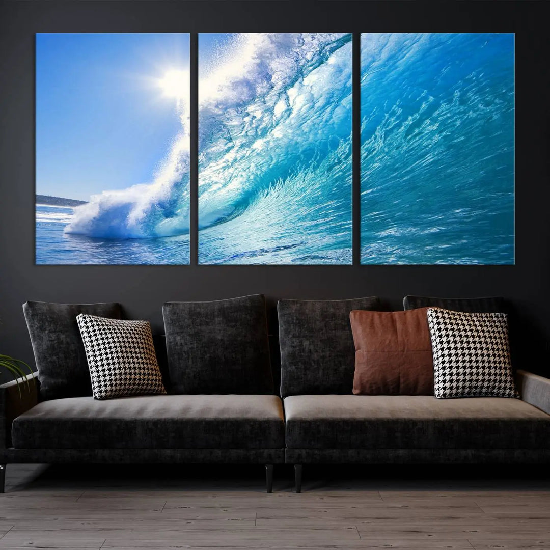 The Blue Big Wave Surfing Ocean Canvas Wall Art establishes a coastal ambiance in this modern living room.