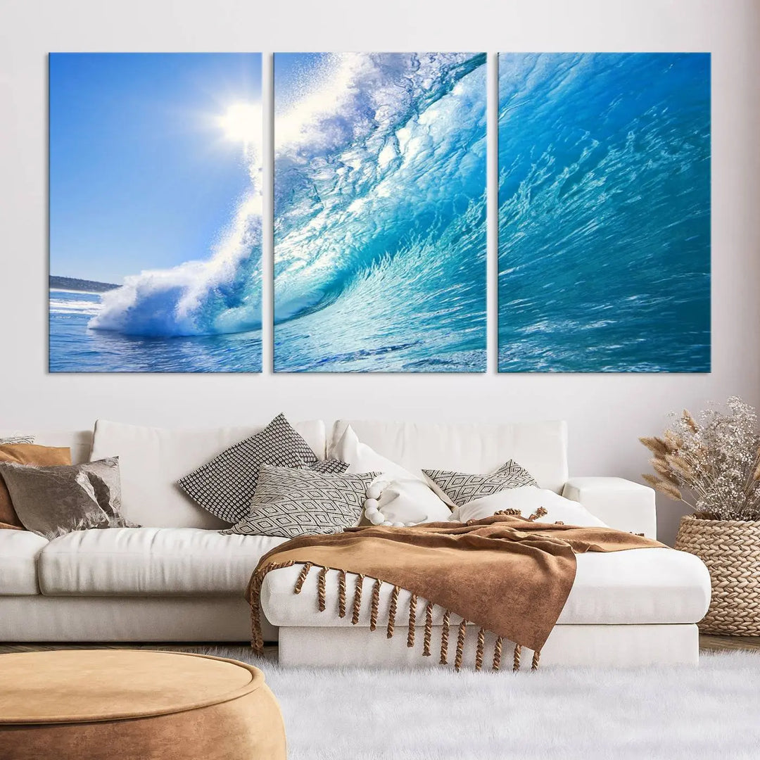 The Blue Big Wave Surfing Ocean Canvas Wall Art establishes a coastal ambiance in this modern living room.