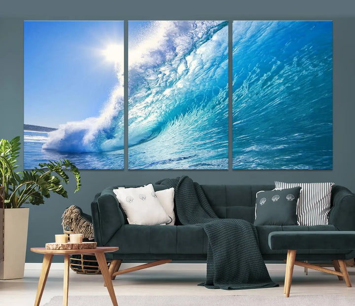 The Blue Big Wave Surfing Ocean Canvas Wall Art establishes a coastal ambiance in this modern living room.