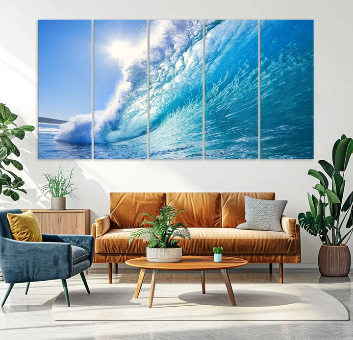 The Blue Big Wave Surfing Ocean Canvas Wall Art establishes a coastal ambiance in this modern living room.