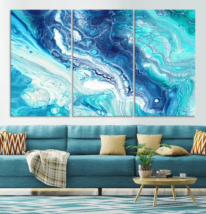 The contemporary living room features the Blue Bubble Marble Fluid Effect Wall Art Abstract Canvas Wall Art Print, a stunning gallery-wrapped triptych on museum-quality canvases with UV-protective coating.