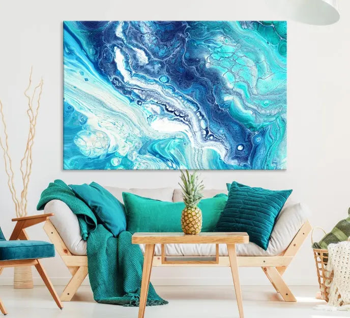 The contemporary living room features the Blue Bubble Marble Fluid Effect Wall Art Abstract Canvas Wall Art Print, a stunning gallery-wrapped triptych on museum-quality canvases with UV-protective coating.