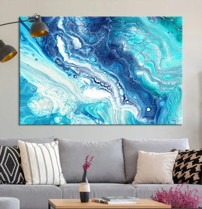 The contemporary living room features the Blue Bubble Marble Fluid Effect Wall Art Abstract Canvas Wall Art Print, a stunning gallery-wrapped triptych on museum-quality canvases with UV-protective coating.