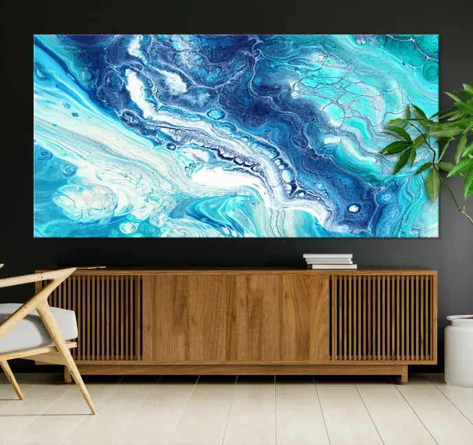 The contemporary living room features the Blue Bubble Marble Fluid Effect Wall Art Abstract Canvas Wall Art Print, a stunning gallery-wrapped triptych on museum-quality canvases with UV-protective coating.