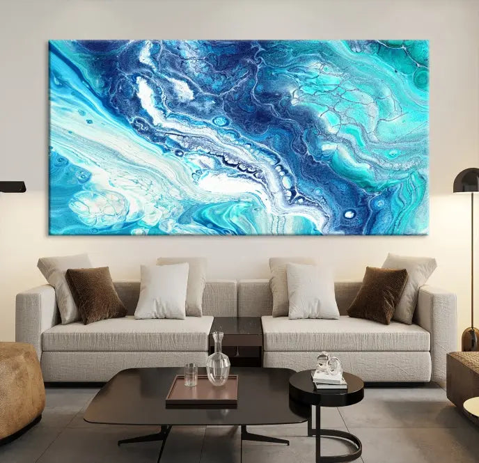 The contemporary living room features the Blue Bubble Marble Fluid Effect Wall Art Abstract Canvas Wall Art Print, a stunning gallery-wrapped triptych on museum-quality canvases with UV-protective coating.