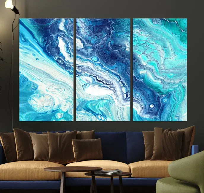 The contemporary living room features the Blue Bubble Marble Fluid Effect Wall Art Abstract Canvas Wall Art Print, a stunning gallery-wrapped triptych on museum-quality canvases with UV-protective coating.