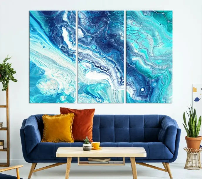 The contemporary living room features the Blue Bubble Marble Fluid Effect Wall Art Abstract Canvas Wall Art Print, a stunning gallery-wrapped triptych on museum-quality canvases with UV-protective coating.