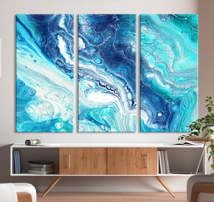 The contemporary living room features the Blue Bubble Marble Fluid Effect Wall Art Abstract Canvas Wall Art Print, a stunning gallery-wrapped triptych on museum-quality canvases with UV-protective coating.