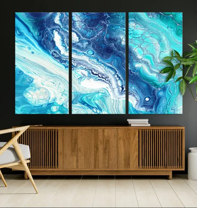 The contemporary living room features the Blue Bubble Marble Fluid Effect Wall Art Abstract Canvas Wall Art Print, a stunning gallery-wrapped triptych on museum-quality canvases with UV-protective coating.