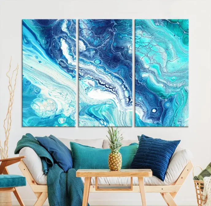 The contemporary living room features the Blue Bubble Marble Fluid Effect Wall Art Abstract Canvas Wall Art Print, a stunning gallery-wrapped triptych on museum-quality canvases with UV-protective coating.