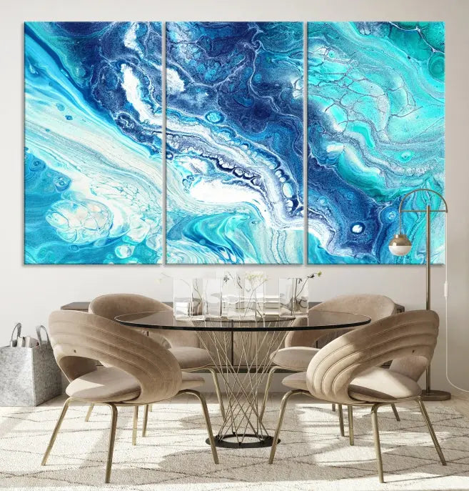 The contemporary living room features the Blue Bubble Marble Fluid Effect Wall Art Abstract Canvas Wall Art Print, a stunning gallery-wrapped triptych on museum-quality canvases with UV-protective coating.