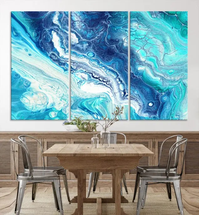 The contemporary living room features the Blue Bubble Marble Fluid Effect Wall Art Abstract Canvas Wall Art Print, a stunning gallery-wrapped triptych on museum-quality canvases with UV-protective coating.