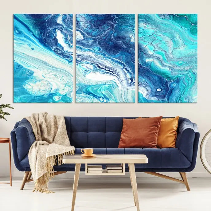 The contemporary living room features the Blue Bubble Marble Fluid Effect Wall Art Abstract Canvas Wall Art Print, a stunning gallery-wrapped triptych on museum-quality canvases with UV-protective coating.