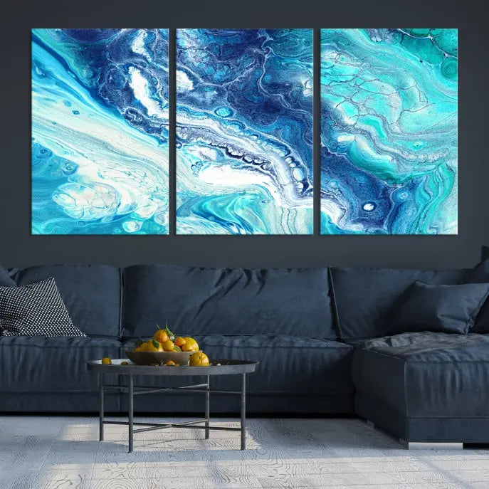 The contemporary living room features the Blue Bubble Marble Fluid Effect Wall Art Abstract Canvas Wall Art Print, a stunning gallery-wrapped triptych on museum-quality canvases with UV-protective coating.