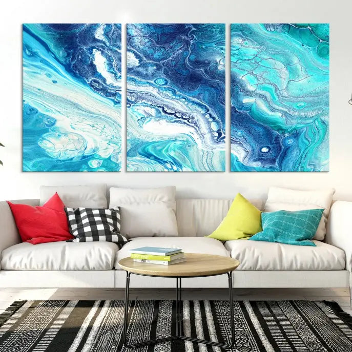 The contemporary living room features the Blue Bubble Marble Fluid Effect Wall Art Abstract Canvas Wall Art Print, a stunning gallery-wrapped triptych on museum-quality canvases with UV-protective coating.