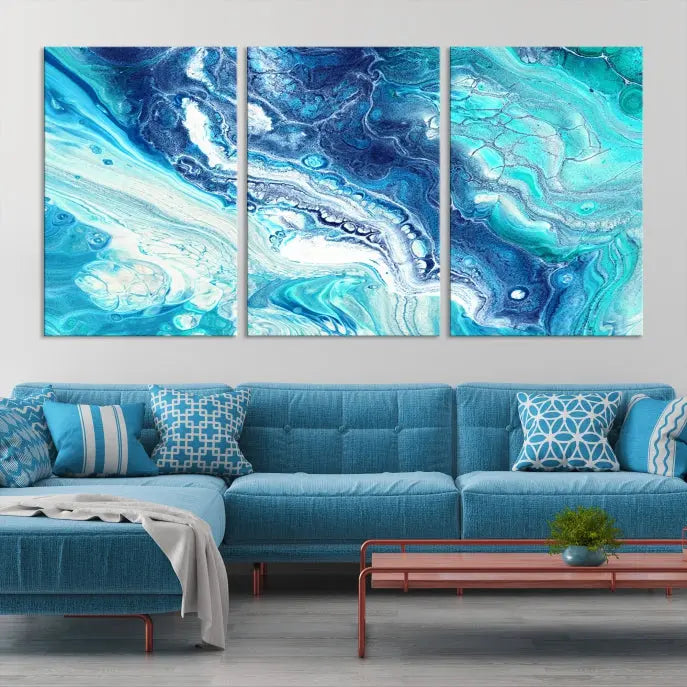 The contemporary living room features the Blue Bubble Marble Fluid Effect Wall Art Abstract Canvas Wall Art Print, a stunning gallery-wrapped triptych on museum-quality canvases with UV-protective coating.