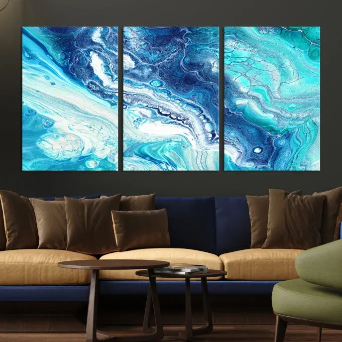 The contemporary living room features the Blue Bubble Marble Fluid Effect Wall Art Abstract Canvas Wall Art Print, a stunning gallery-wrapped triptych on museum-quality canvases with UV-protective coating.