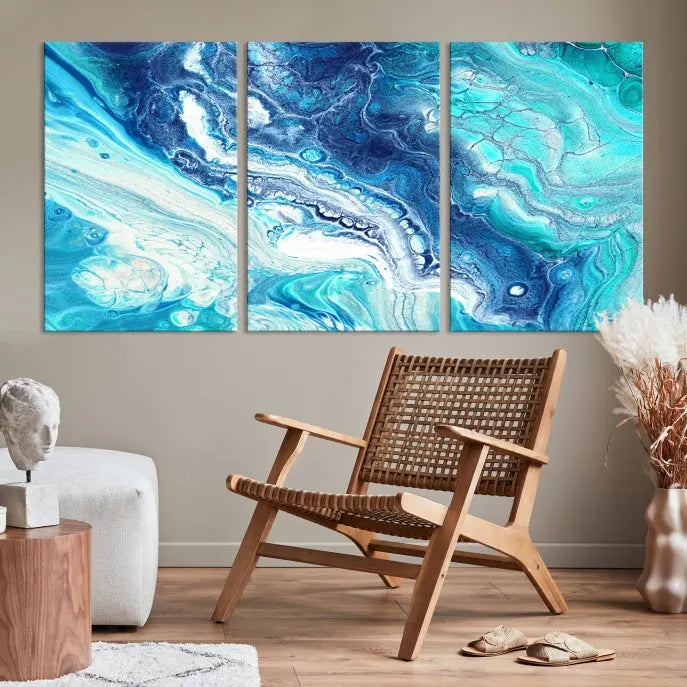 The contemporary living room features the Blue Bubble Marble Fluid Effect Wall Art Abstract Canvas Wall Art Print, a stunning gallery-wrapped triptych on museum-quality canvases with UV-protective coating.