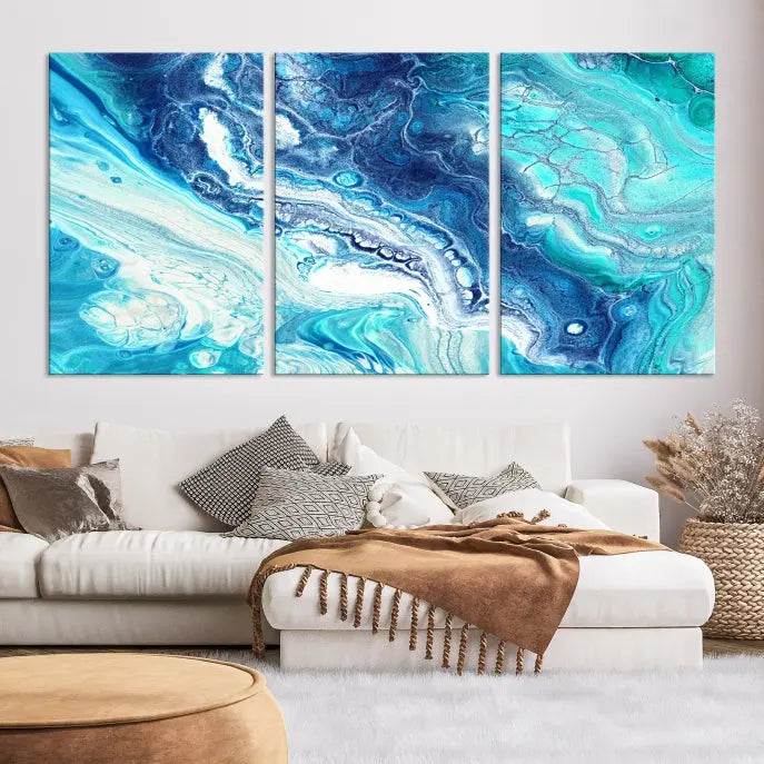 The contemporary living room features the Blue Bubble Marble Fluid Effect Wall Art Abstract Canvas Wall Art Print, a stunning gallery-wrapped triptych on museum-quality canvases with UV-protective coating.