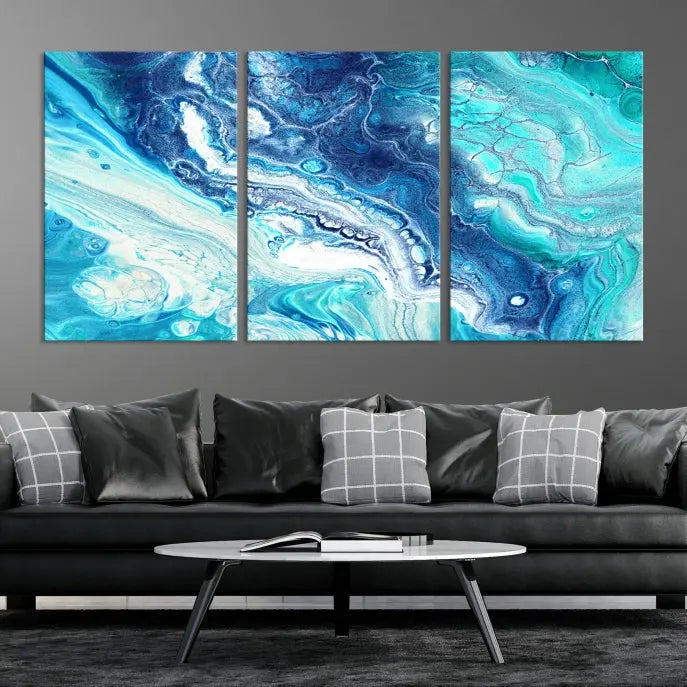 The contemporary living room features the Blue Bubble Marble Fluid Effect Wall Art Abstract Canvas Wall Art Print, a stunning gallery-wrapped triptych on museum-quality canvases with UV-protective coating.