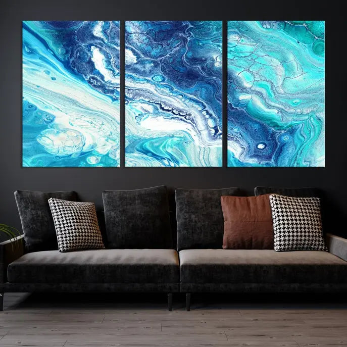 The contemporary living room features the Blue Bubble Marble Fluid Effect Wall Art Abstract Canvas Wall Art Print, a stunning gallery-wrapped triptych on museum-quality canvases with UV-protective coating.