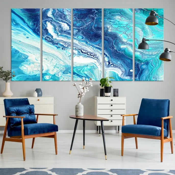 The contemporary living room features the Blue Bubble Marble Fluid Effect Wall Art Abstract Canvas Wall Art Print, a stunning gallery-wrapped triptych on museum-quality canvases with UV-protective coating.