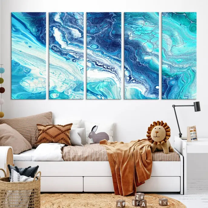 The contemporary living room features the Blue Bubble Marble Fluid Effect Wall Art Abstract Canvas Wall Art Print, a stunning gallery-wrapped triptych on museum-quality canvases with UV-protective coating.