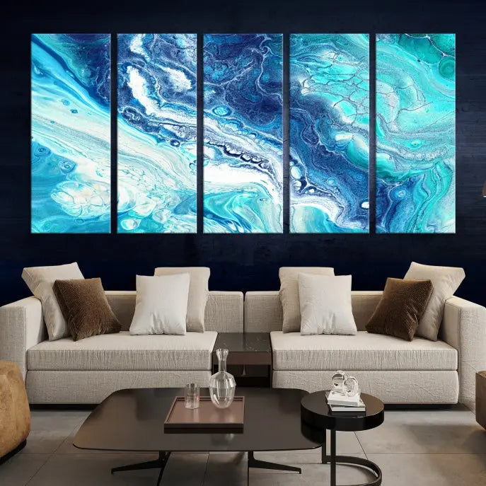 The contemporary living room features the Blue Bubble Marble Fluid Effect Wall Art Abstract Canvas Wall Art Print, a stunning gallery-wrapped triptych on museum-quality canvases with UV-protective coating.