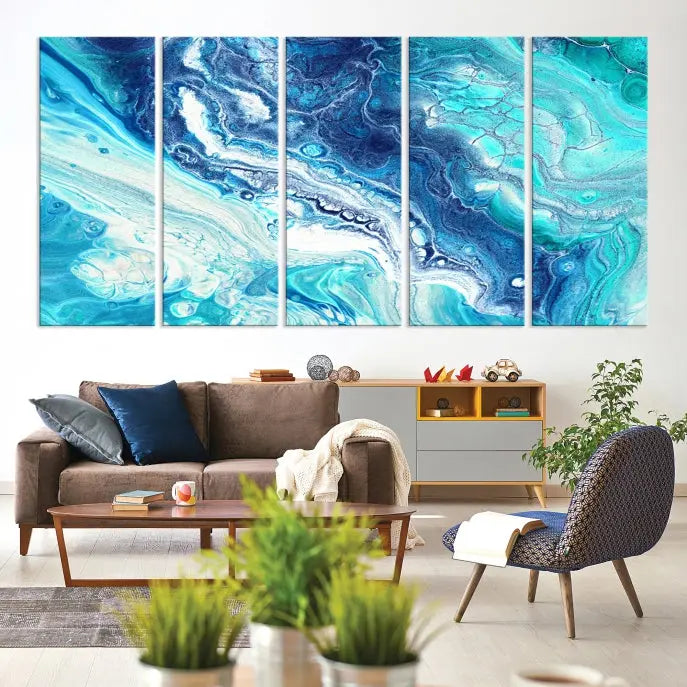 The contemporary living room features the Blue Bubble Marble Fluid Effect Wall Art Abstract Canvas Wall Art Print, a stunning gallery-wrapped triptych on museum-quality canvases with UV-protective coating.