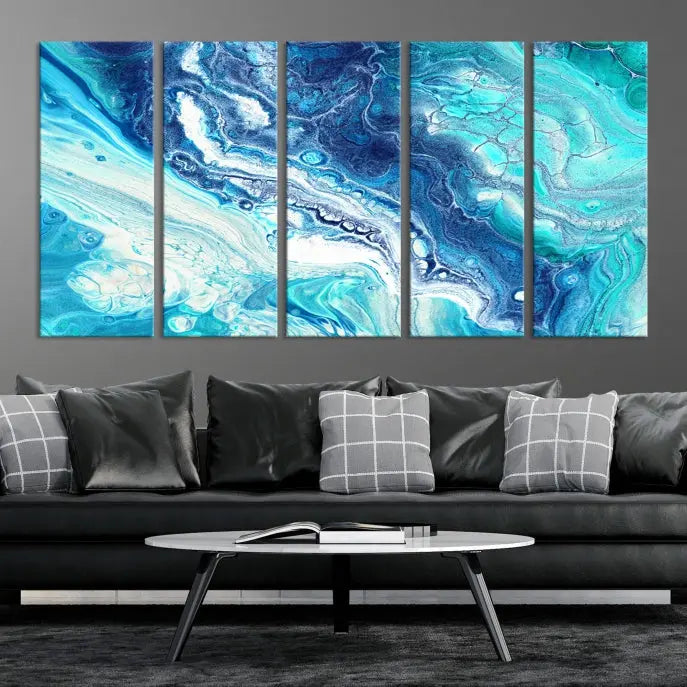 The contemporary living room features the Blue Bubble Marble Fluid Effect Wall Art Abstract Canvas Wall Art Print, a stunning gallery-wrapped triptych on museum-quality canvases with UV-protective coating.