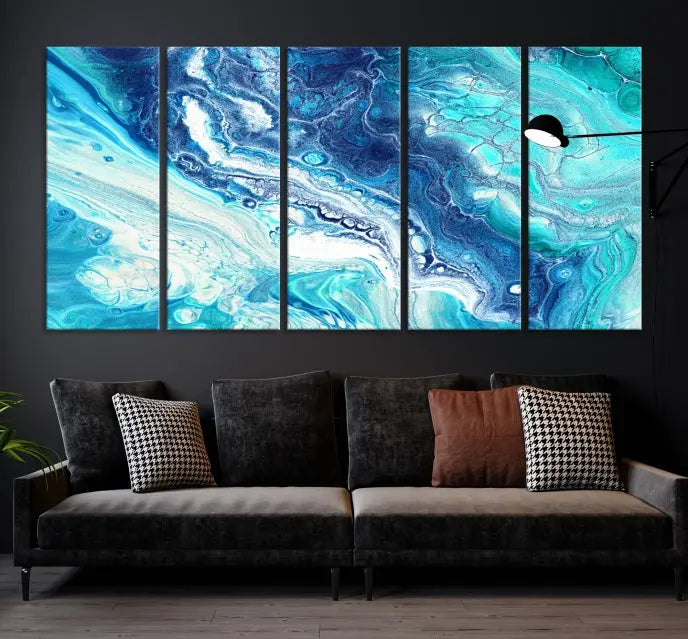 The contemporary living room features the Blue Bubble Marble Fluid Effect Wall Art Abstract Canvas Wall Art Print, a stunning gallery-wrapped triptych on museum-quality canvases with UV-protective coating.