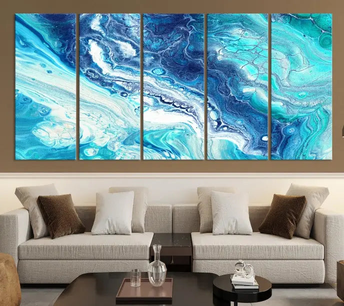 The contemporary living room features the Blue Bubble Marble Fluid Effect Wall Art Abstract Canvas Wall Art Print, a stunning gallery-wrapped triptych on museum-quality canvases with UV-protective coating.