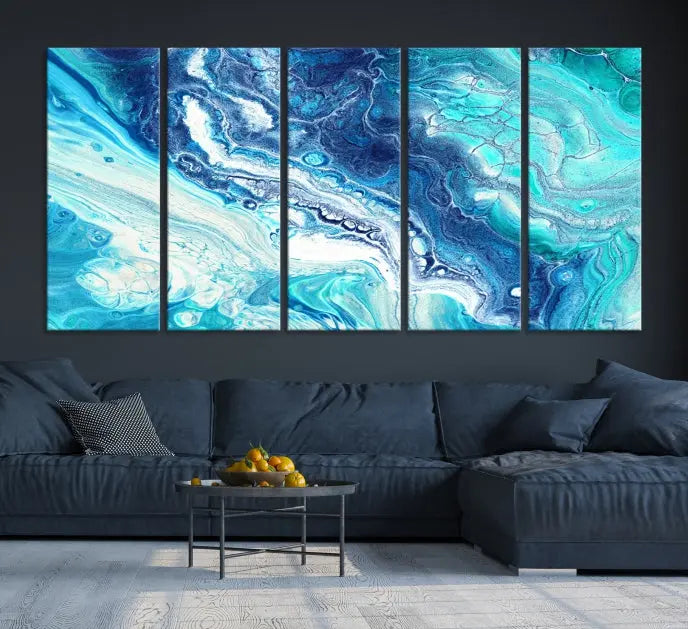 The contemporary living room features the Blue Bubble Marble Fluid Effect Wall Art Abstract Canvas Wall Art Print, a stunning gallery-wrapped triptych on museum-quality canvases with UV-protective coating.