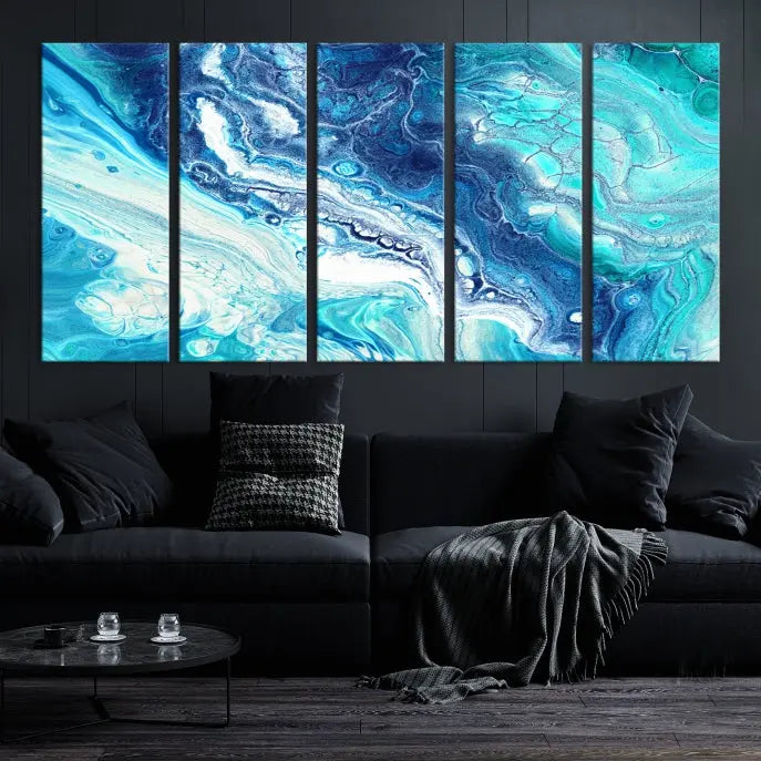 The contemporary living room features the Blue Bubble Marble Fluid Effect Wall Art Abstract Canvas Wall Art Print, a stunning gallery-wrapped triptych on museum-quality canvases with UV-protective coating.