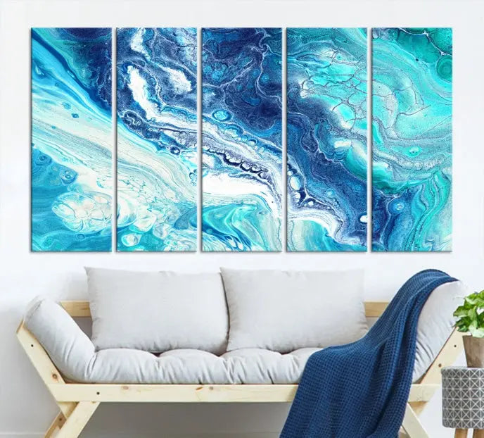 The contemporary living room features the Blue Bubble Marble Fluid Effect Wall Art Abstract Canvas Wall Art Print, a stunning gallery-wrapped triptych on museum-quality canvases with UV-protective coating.