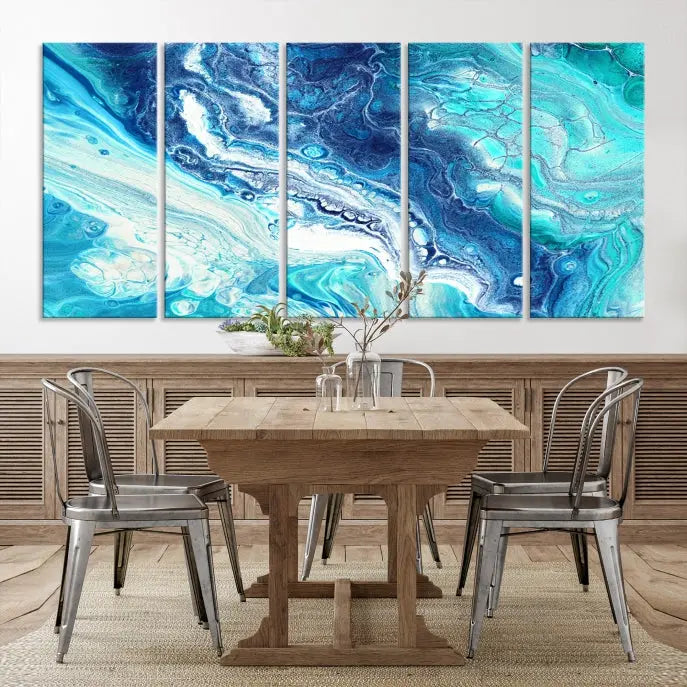 The contemporary living room features the Blue Bubble Marble Fluid Effect Wall Art Abstract Canvas Wall Art Print, a stunning gallery-wrapped triptych on museum-quality canvases with UV-protective coating.