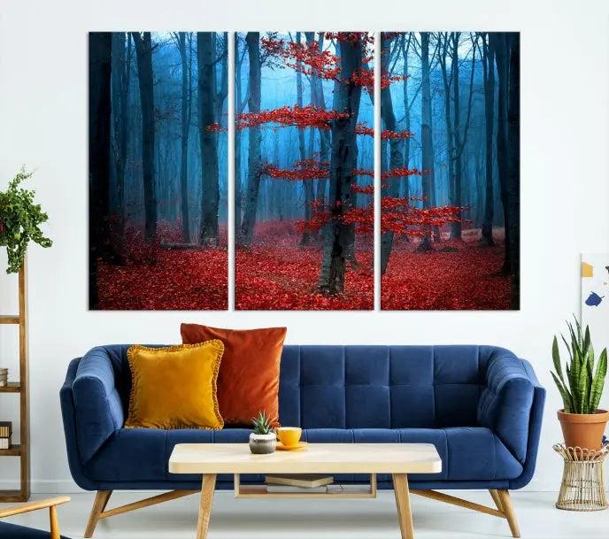 The Blue Dark Forest Wall Art Canvas Print features a misty forest with red leaves and is crafted on museum-quality canvas with a UV-protective coating.