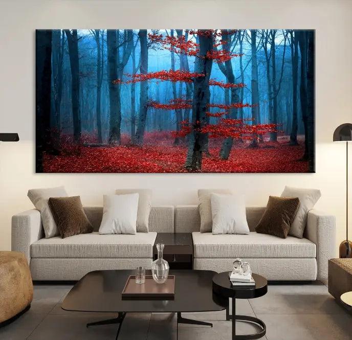 The Blue Dark Forest Wall Art Canvas Print features a misty forest with red leaves and is crafted on museum-quality canvas with a UV-protective coating.