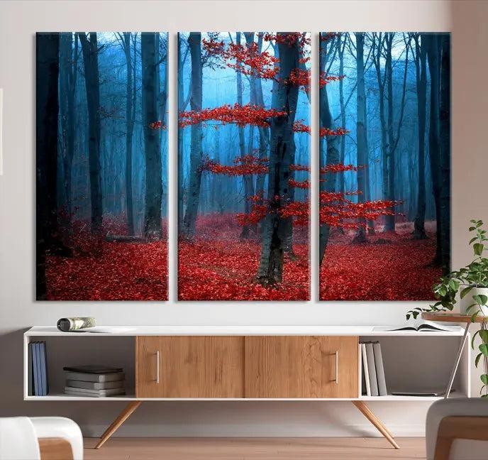 The Blue Dark Forest Wall Art Canvas Print features a misty forest with red leaves and is crafted on museum-quality canvas with a UV-protective coating.