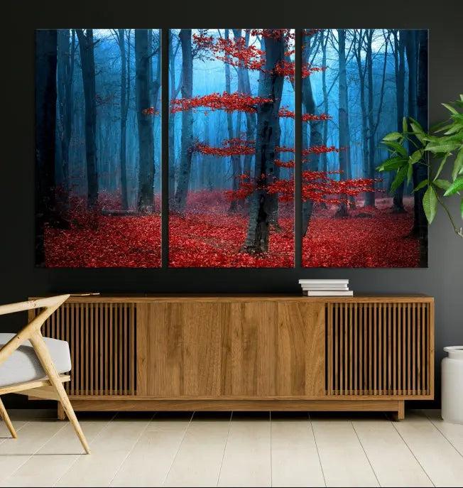 The Blue Dark Forest Wall Art Canvas Print features a misty forest with red leaves and is crafted on museum-quality canvas with a UV-protective coating.