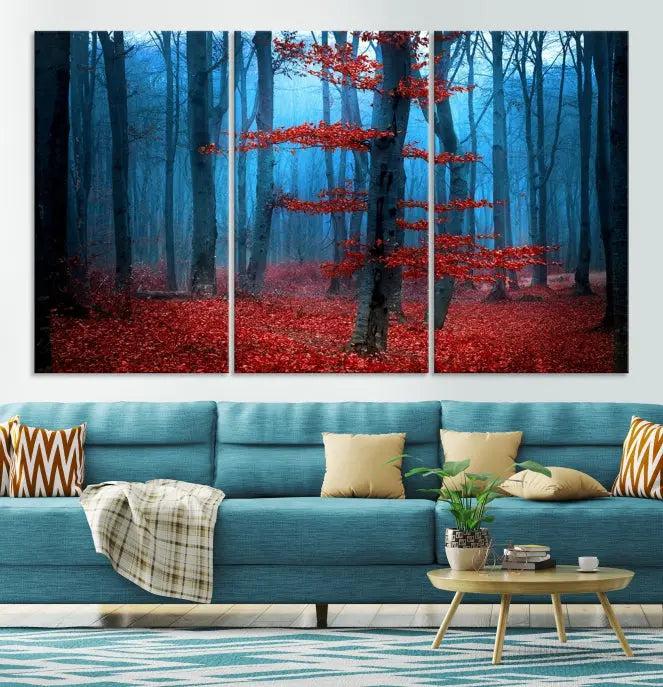 The Blue Dark Forest Wall Art Canvas Print features a misty forest with red leaves and is crafted on museum-quality canvas with a UV-protective coating.