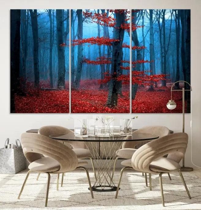 The Blue Dark Forest Wall Art Canvas Print features a misty forest with red leaves and is crafted on museum-quality canvas with a UV-protective coating.