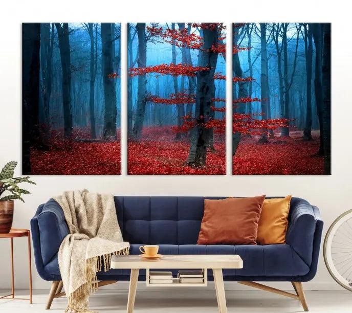 The Blue Dark Forest Wall Art Canvas Print features a misty forest with red leaves and is crafted on museum-quality canvas with a UV-protective coating.