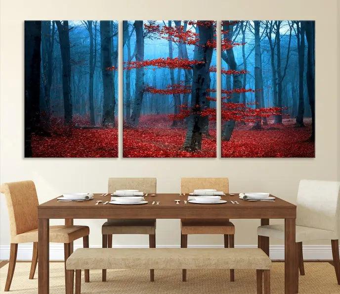 The Blue Dark Forest Wall Art Canvas Print features a misty forest with red leaves and is crafted on museum-quality canvas with a UV-protective coating.